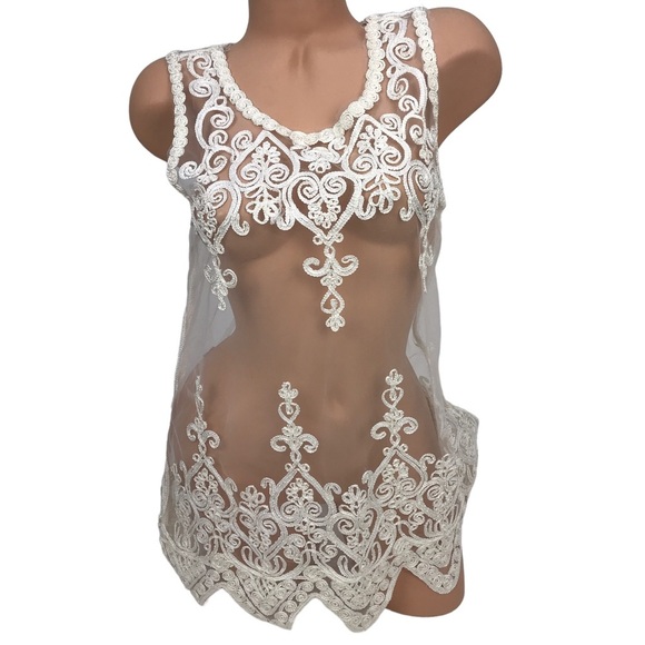 Boho White Embroidered Lace Sheer Mesh Overlay Dressy Tank Top Blouse SZ Small - Picture 1 of 5